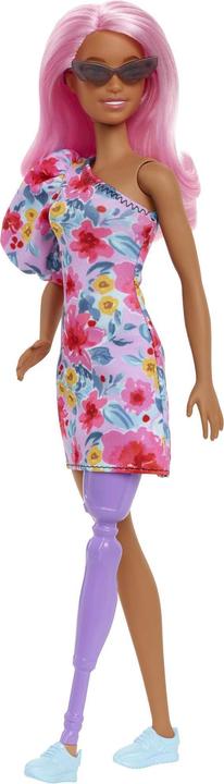 Produktbild Barbie Fashionistas Puppe im schulterfreien Blumenkleid, pinke Haare, Beinprothese, für Kinder von 3 bis 8