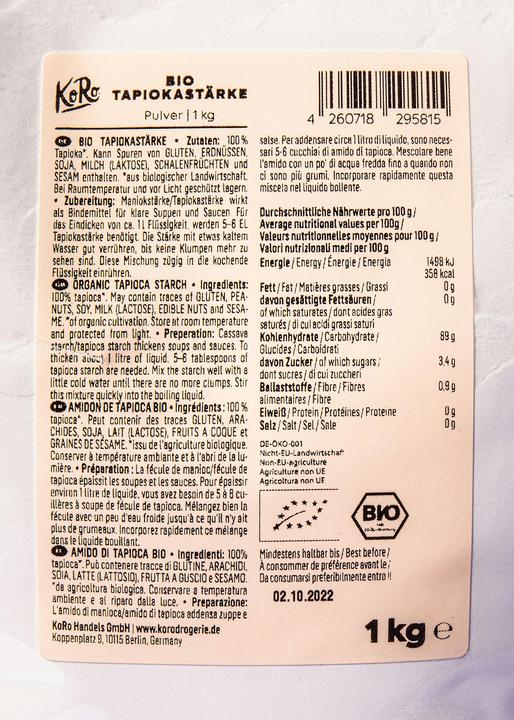 Nährwerte und Zutaten KoRo Bio Tapiokastärke (1000 g)