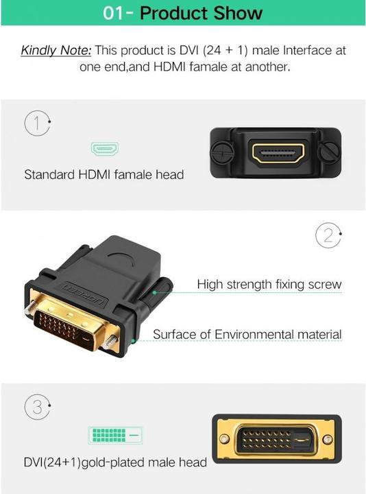 Actual product image Ugreen HDMI / DVI Adapter HDMI female DVI male 24+1 pin (HDMI, 1.60 cm)