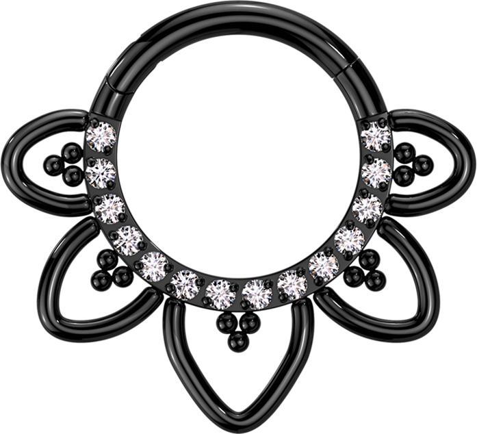 Star Piercing Micro Segmentring klappbar schwarz front Kristalle silber filigrane Herzen (Titan G23, ohne Messing)