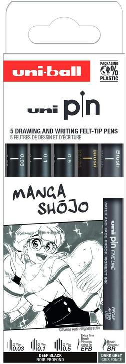 Image du produit Uni-ball Fineliner PIN ""Manga Shojo"" PF, set de 5 encre pigmentée, résistante à l'eau, bordures en métal (Noir, Gris, 5 x)