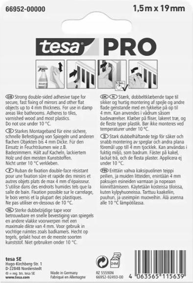 Produktbild tesa 66952 Pro Spiegel Montageklebeband 1,5 m x 19 mm (19 mm)