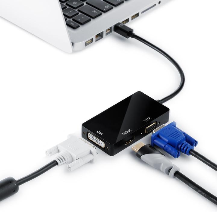 Produktbild CSL 3in1 Mini DisplayPort zu HDMI, DVI, VGA Adapter Konverter, miniDP 1.2 4k 3840x2160 UHD 2160p, 0,15m (HDMI, DVI, VGA, 16 cm)