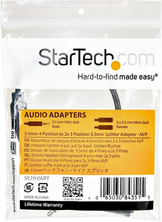 Produktbild StarTech 3,5mm Klinke Audio Y-Kabel - 4 pol. auf 3 pol. Headset Splitter (0.20 m)