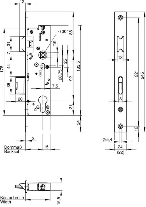 Actual product image Wilka Anti-panic RR lock, 6677 Fkt. B, single throw 30 mm backset, Din Ls (Mortise lock)