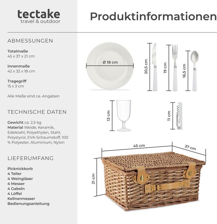 Produktbild tectake Picknickkorb Föhr für 4 Personen, mit Kühlfach & Zubehör