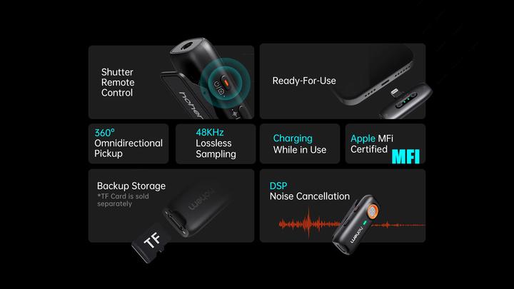 Image du produit Hohem MIC 01 Microphone Lavalier sans fil, TYPE C (2TX+1RX) Noir (Smartphone)