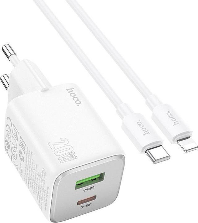 Actual product image Hoco Adapter charger USB A + Type C + cable Type C to Lightning PD QC 3A 20W N41 white (20 W)
