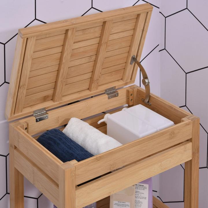 Actual product image Swisshandel24 Bathroom shelf, bathroom shelf with hinged lid, bathroom stand shelf with 2 shelves, bamboo