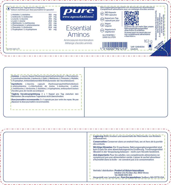 Valeurs nutritives et ingrédients Pure encapsulations Essential Aminos Kapsel (neu) (180 pièce(s), Capsules, 211 g)