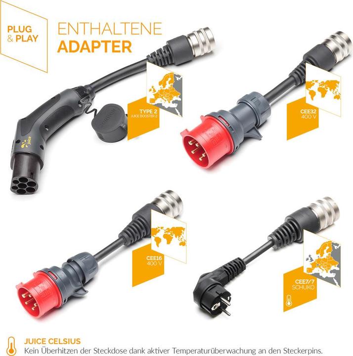 Produktbild Juice Technology Juice Booster 2 EU Traveller Set Plus (Typ 2, 22 kW, 32 A, CEE32 rot, Typ 2, CEE 7/7, CEE16 rot)