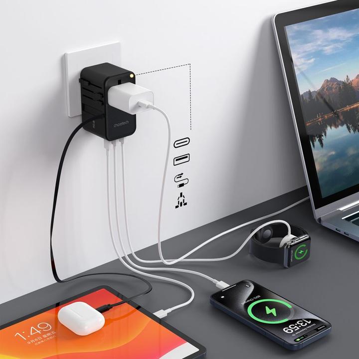 Image du produit Choetech PD5021 Adaptateur de voyage UE/US/AUS/UK 45W avec câble USB-C intégré - Noir