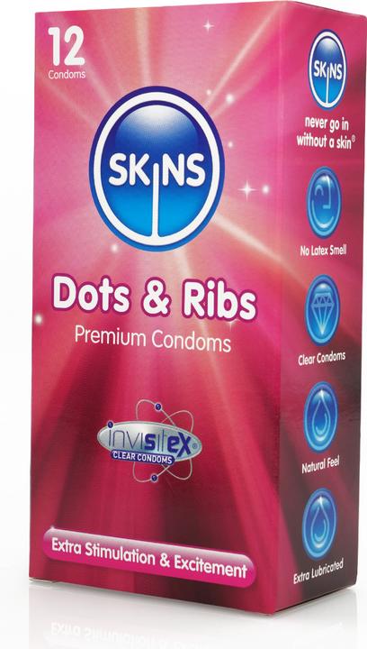 Skins Dots & Ribs» 12 gerippt/genoppte Kondome aus kristallklarem Latex - ohne Latexgeruch (12 Stk.)