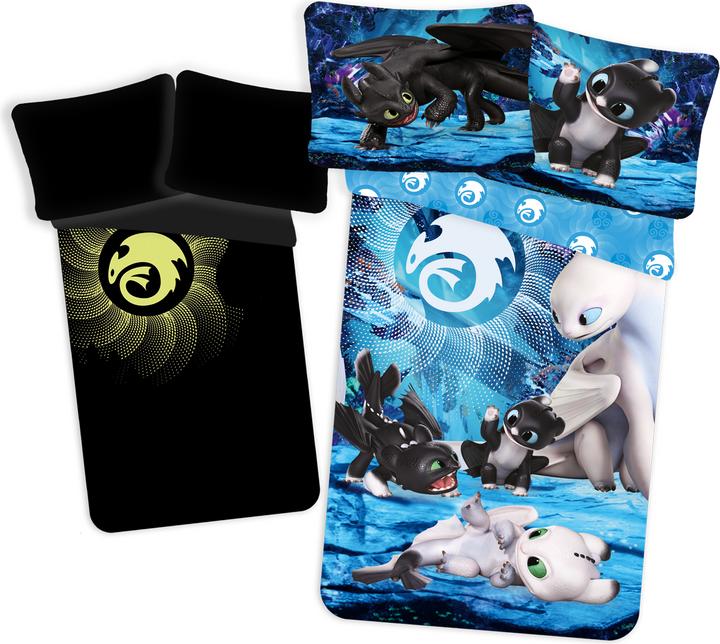 Tinisu Drake Making Easy HTTYD Drap de lit avec effet lumineux - coton doux 140x200 cm oreiller