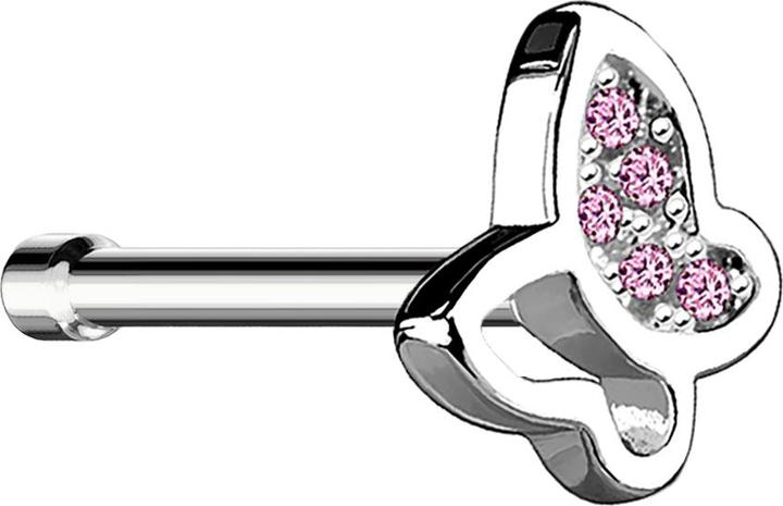 Produktbild Star Piercing Nasenstecker gerade silber mit Schmetterling und Kristall pink (Chirurgenstahl 316L, Messing)