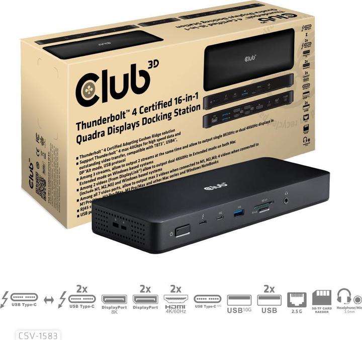 Immagine prodotto Club 3D Club3D Thunderbolt4 16-in-1 docking station 4 display St/Bu al dettaglio (Thunderbolt, 16 Porti)