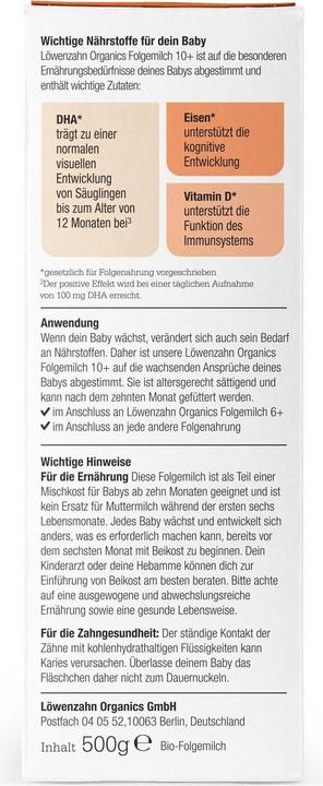 Nährwerte und Zutaten Löwenzahn Organics Folgemilch (500 g, ab 10 Monaten)