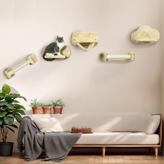 Produktbild Swisshandel24 Katzen Kletterwand 5-teiliges Set mit Treppe, 2 Kratzstämmen, Plattformen, Hängematte, Plüsch (28 cm, Beige)