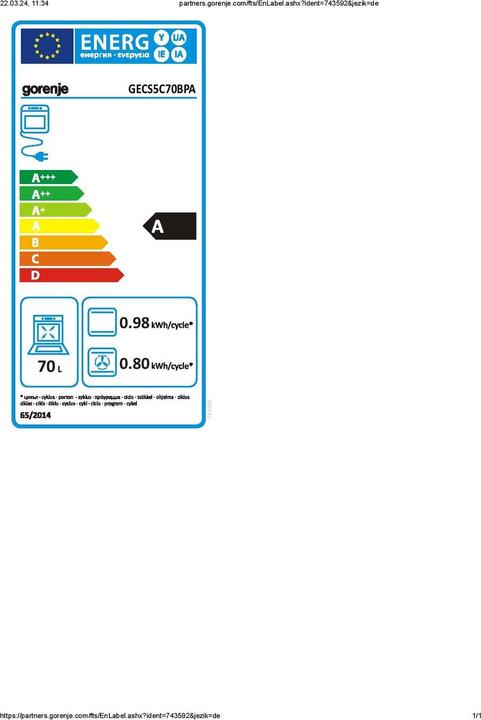 Energie-Label Gorenje GORE Stand-Herd