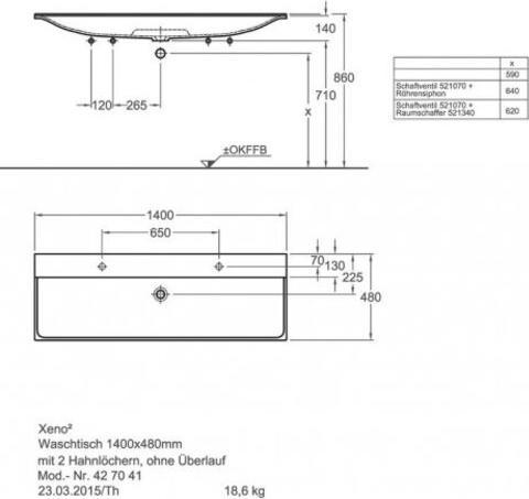 Actual product image Geberit Keramag Xeno 2 lavabo avec 2 trous pour robinetterie et sans trop-plein, 140x48cm, blanc, 500277001 (1500 mm, 1500 mm)