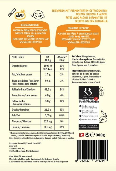 Nutritional values and ingredients Alver High Protein Pasta Fusill (300 g)