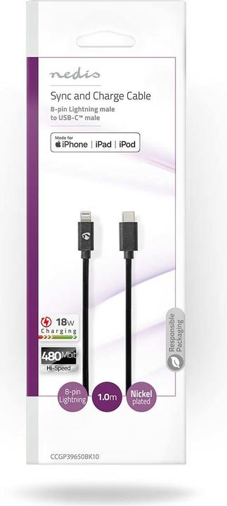 Immagine prodotto Nedis CCGP39650BK10 Cavo Lightning USB 2.0 Apple Lightning 8-Pin Connettore USB-C™ 480 Mbps Nichelato (1 m, USB 2.0)
