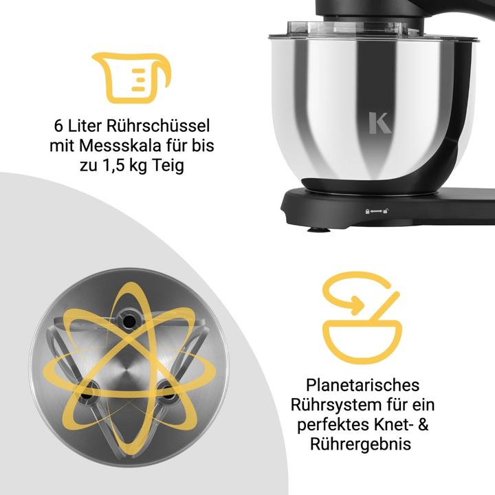 Actual product image KLAMER Küchenmaschine, Knetmaschine mit 6 Liter Edelstahl Schüssel (1800 W)