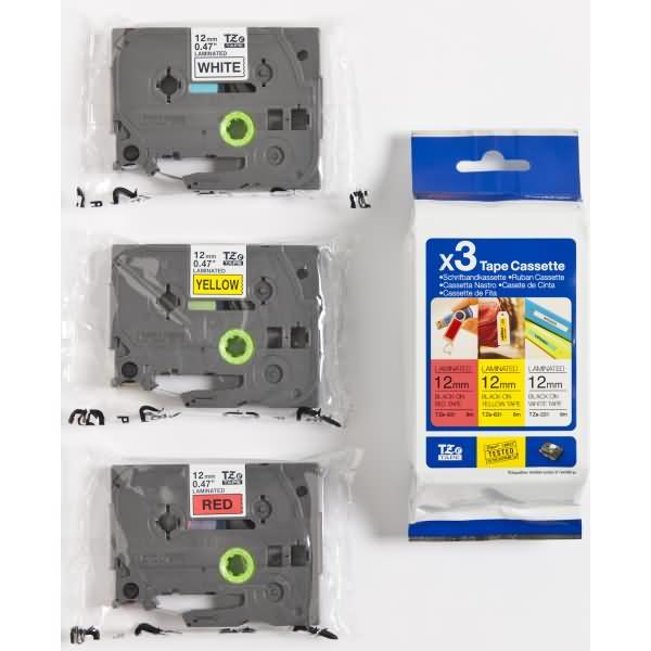 Produktbild Brother Multipack TZe-31M3 (1.20 cm, Gelb, Rot, Schwarz, Weiss)