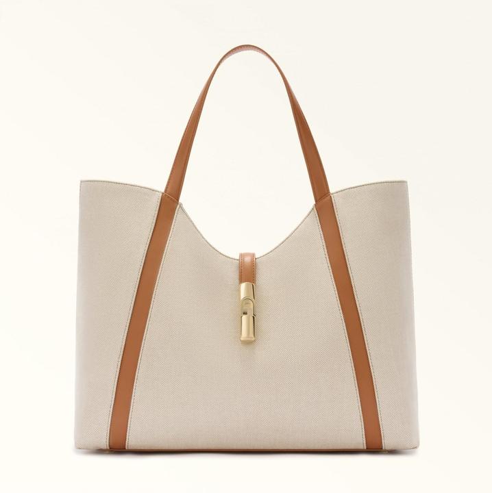 Furla shopping goccia xl hobo in canvas and leather color natural/brandy