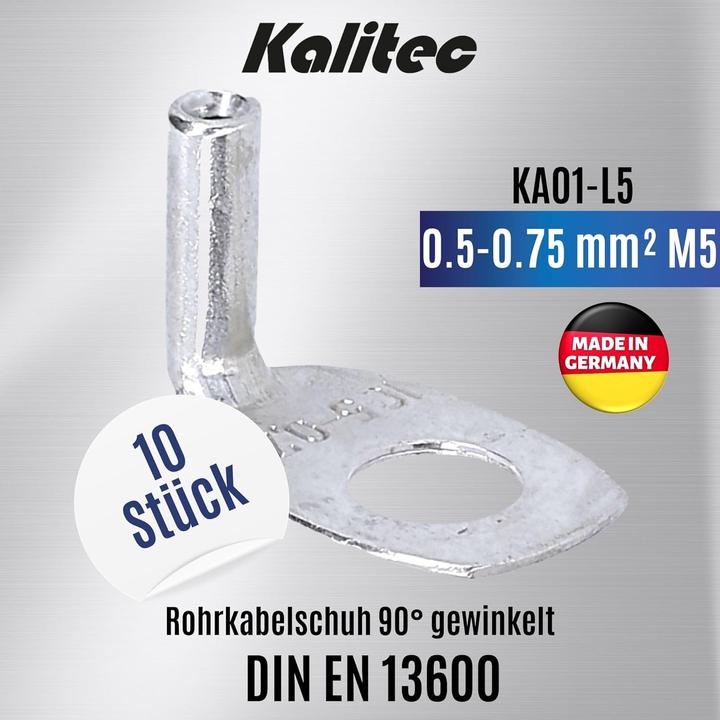 Actual product image Kalitec 10 pieces KA01-L5 Commercially available tubular cable lugs angled 0.5mm²-0.75mm² M5 I without