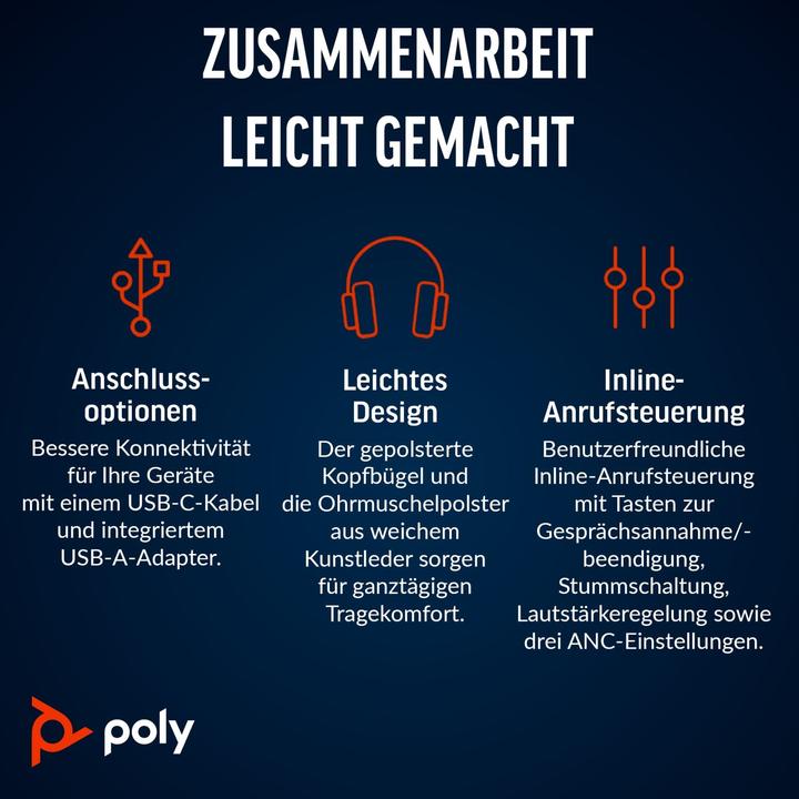 Produktbild Poly HP Blackwire 8225 USB-C Headset, Wired, Office/Call center, 185 g, Headset, Black (Kabelgebunden, USB-C)