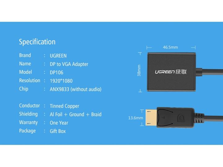 Immagine prodotto Ugreen Convertitore adattatore da Display Port a VGA (VGA)