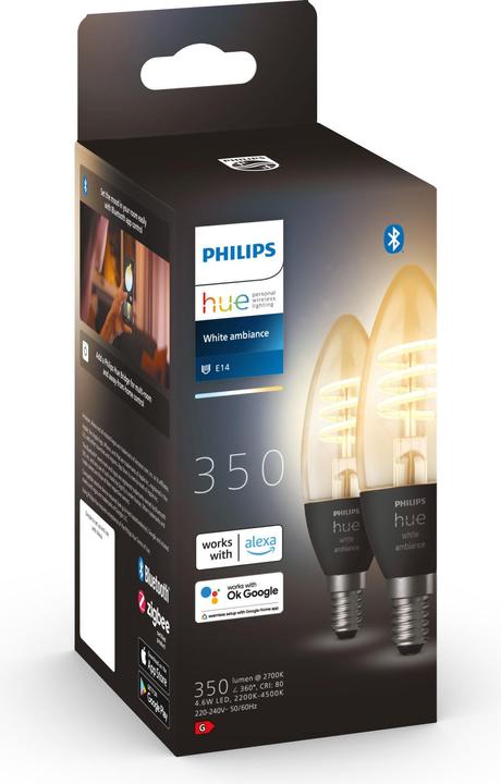 Produktbild Philips Hue Filament White Ambiance (E14, 4.60 W, 350 lm, 2 x, G)
