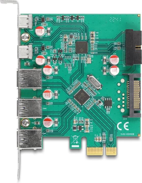 Actual product image Delock USB 5 Gbps PCIe x1 card to 3x external Type-A + 2x external USB Type-C socket and 1x internal 19 Pi