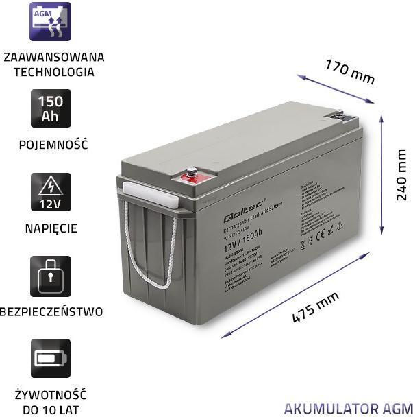 Actual product image Qoltec AGM battery | 12V | 150Ah | max. 2250A (12 V, 150 Ah)