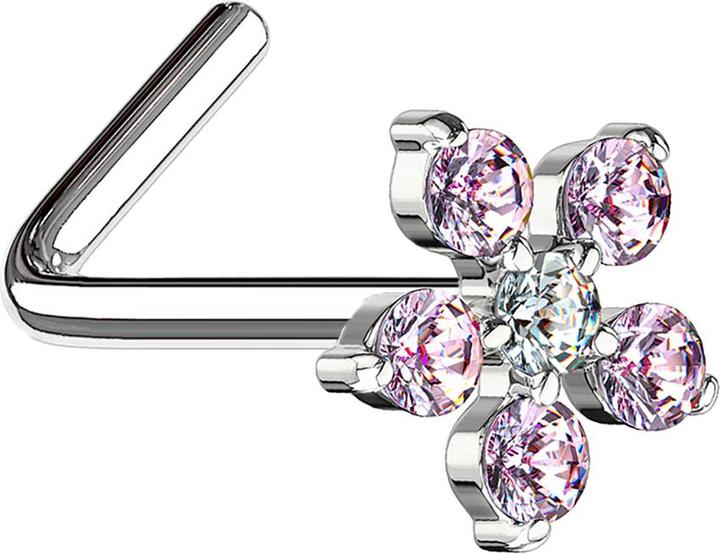Produktbild Star Piercing Nasenstecker gewinkelt silber Blume Kristall pink (Messing, Chirurgenstahl 316L)