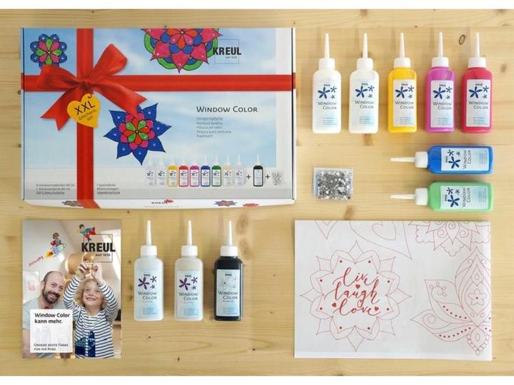 Actual product image Kreul Window Color XXL (Royal blue, Ruby Red, Snow-white, Fawn, Golden yellow, Pink, Glitter gold, Black, Mairün, Glitter Silver, 800 ml)