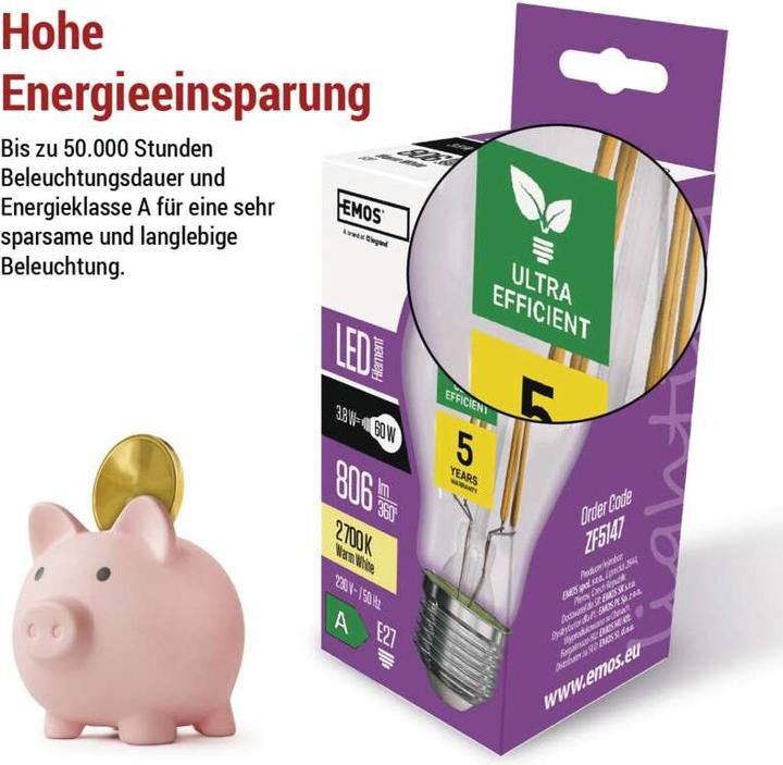 Produktbild Emos LED Lampe Filament A60 / E27 / 3,8 W (60 W) / 806 lm / Warmweiss (E27, 3.80 W, 806 lm, 1 x, A)