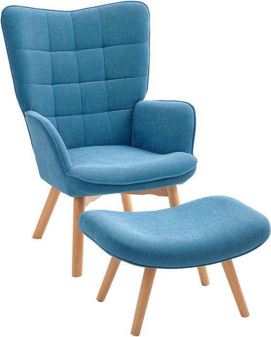 Actual product image Swisshandel24 Sessel mit Hocker, Ohrensessel mit Hoher Rückenlehne, Holzbeine, Cord, Blau