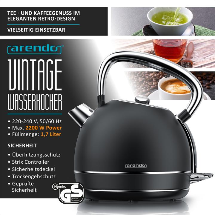 Produktbild Arendo Wasserkocher 1,7 l, 2200W, Edelstahl Retrostyle Vintage, LED Anzeige, Temperatureinstellung, Schwarz (1.70 l)
