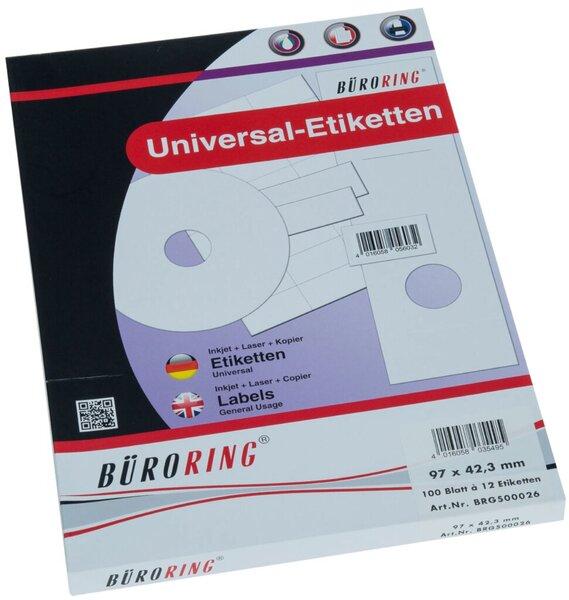 Produktbild Büroring Etiketten, 97 x 42,3 mm, weiss, 1.200 Etiketten, lösungsmittelfrei, Inkjet-, Laserdrucker, Kopierer