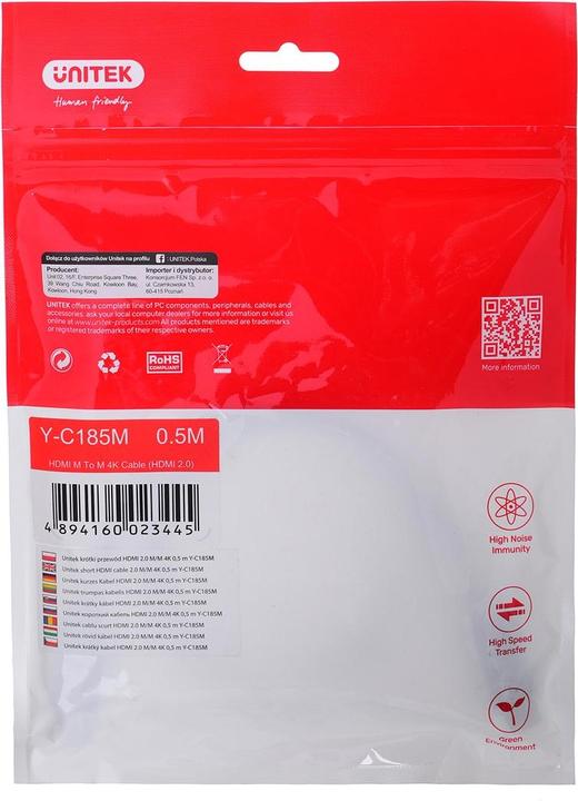Image du produit Unitek CÂBLE HDMI 2.0 M/M 4K 60HZ 0 5M Y-C185M (0.50 m, HDMI)