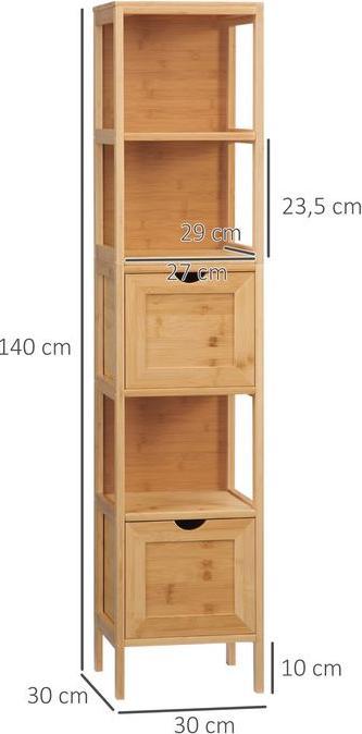 Produktbild Swisshandel24 Badezimmerschrank Bambus, 3 Regale, 2 Schubladen, Kippschutz (30 x 30 x 140 cm)