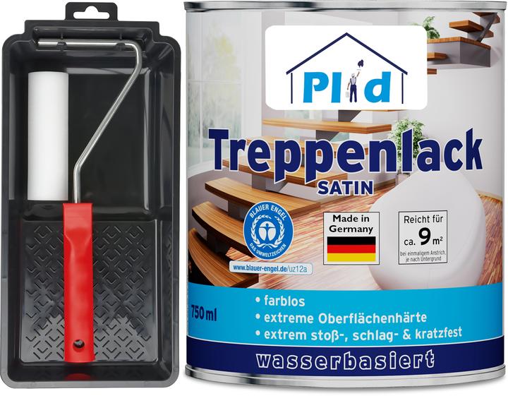 Plid Treppenlack Set 00,75L Farblos Satin für ca. 9m² /Treppensiegel Klarlack Holzlack (Farblos, 0.75 l)