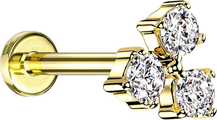 Star Piercing Micro Labret Innengewinde vergoldet drei Kristalle silber (Messing, Chirurgenstahl 316L)