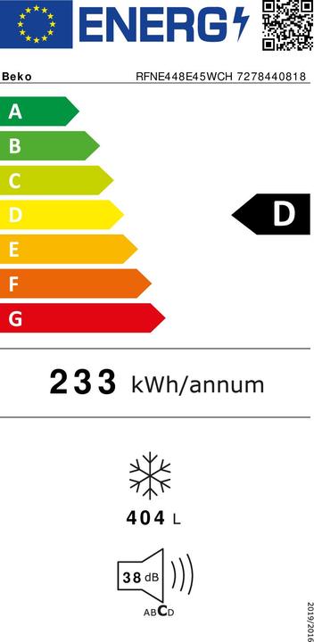 Label énergétique Beko RFNE448E45WCH (Autonome, 404 l)
