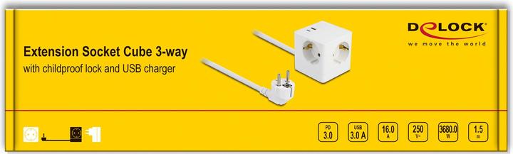 Actual product image Delock Socket outlet cube with 3-way extension cable with child safety lock (3 x, CEE 7/7, 1.50 m)
