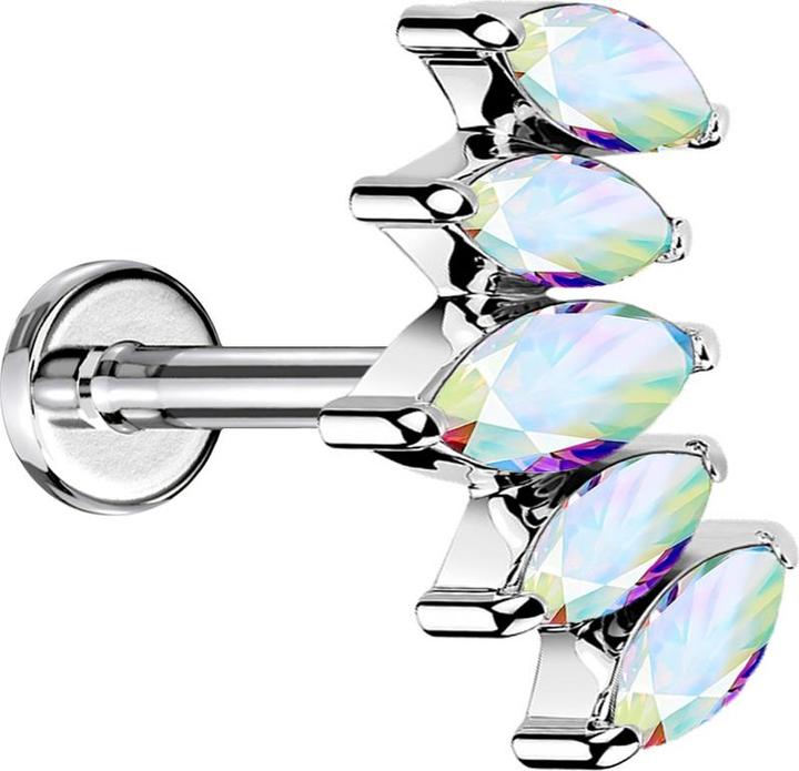 Star Piercing Micro Labret Innengewinde silber Fächer mit fünf Kristalle multicolor (ohne Messing, Chirurgenstahl 316L)