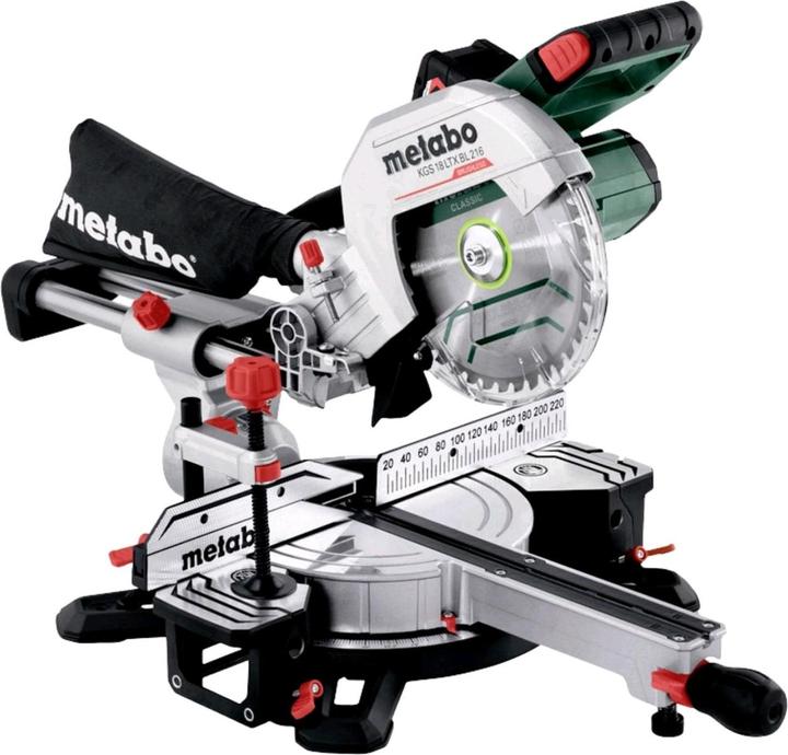 Werkzeug für Sägeblattwechsel, Ablänganschlag, Materialklemme, Spänefangsack, 2 integrierte Tischverbreiterungen, Li-Power Akkupack (18 V/4 Ah), Sägeblatt Cordless cut wood - classic 216x30 Z40