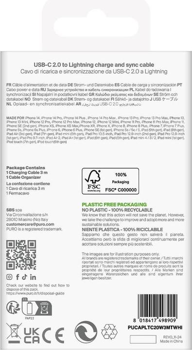 Produktbild Puro TPE 20W USB-C - Lightning Kabel 3m - Weiss (3 m, USB 2.0, 20 W)